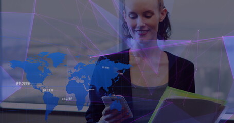 Image of data processing and map over woman using smartphone