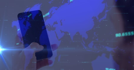 Image of data processing and map over man using smartphone