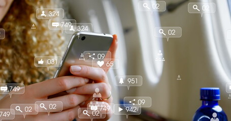 Image of digital icons over woman using smartphone