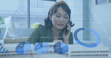 Papier Peint photo Lavable Lieux asiatiques Image of data processing over asian businesswoman working at office