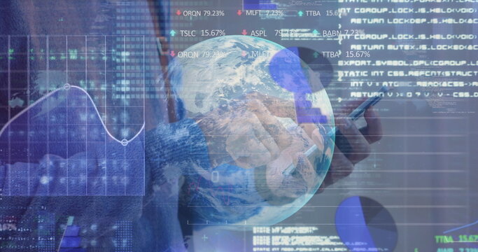 Stock market data processing over spinning globe against mid section of man using smartphone