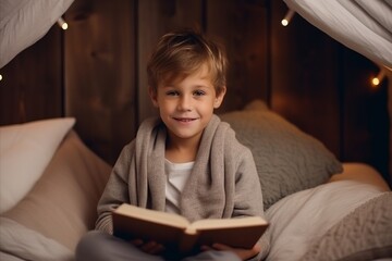 Fototapeta na wymiar Portrait of a cute little boy reading a book in bed at home