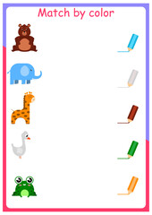 Educational color matching game. Printable worksheet for preschool children. Learning colours. match by color. 
