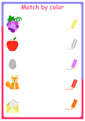 Educational color matching game. Printable worksheet for preschool children. Learning colours. match by color. 