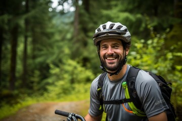 Obraz na płótnie Canvas Portrait of a happy man with a mountain bike in the forest