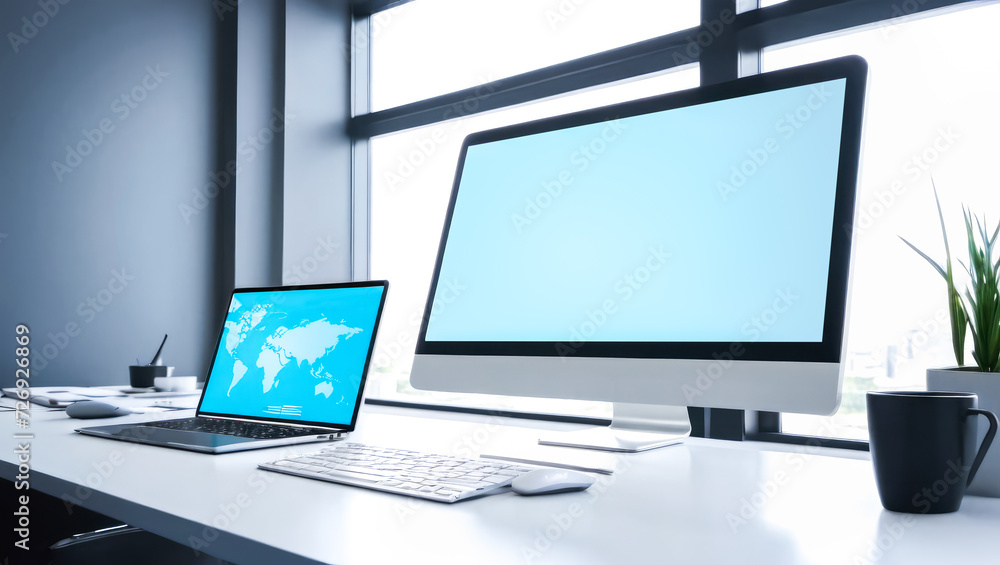 Poster workspace with blank blue computer screen. desktop computer monitor with mockup screen display stand