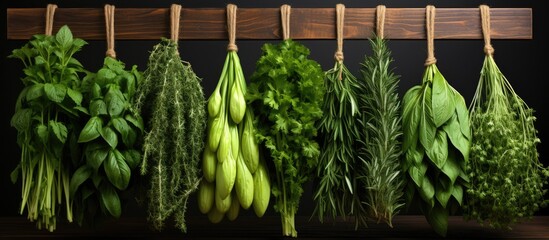 Fresh herbs hanging isolated on copy space background
