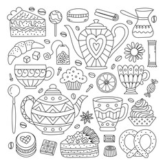 Tea, coffee and dessert elements in doodle style. Baking and sweets for your design. - 726927052