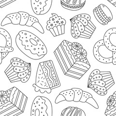 Seamless pattern of pastries, donuts, cupcakes and croissants. Suitable for cafes and holiday cards. - 726927057