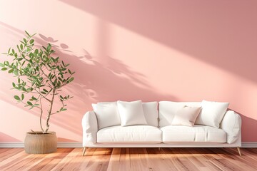 Modern minimalist living room with a white sofa and indoor plant. clean lines, natural light, perfect for contemporary interiors. stylish home decor scene. AI