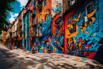 Obraz na płótnie Canvas A vibrant street art vista, with colorful murals adorning the walls of a city, showcasing artistic expressions and adding a burst of creativity to the urban scenery.