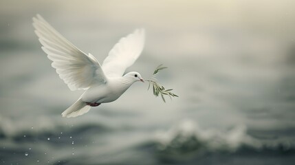 Serene white dove in mid-flight carrying olive branch, symbol of peace and harmony, soft toned graceful capture. AI