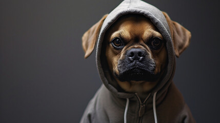 A Dog Wearing a Hoodie, Sporting a Serious Expression, Against a Solid Background.