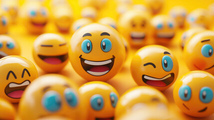 A vibrant cluster of yellow emojis displaying a variety of expressions such as joy, winking, and laughter, creating a cheerful atmosphere.