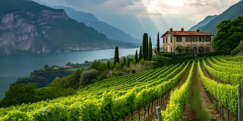 Serenity at a lakeside vineyard estate. lush green vines and majestic mountains. ideal for wine connoisseurs and travel themes. perfect for postcards and backgrounds. AI - obrazy, fototapety, plakaty
