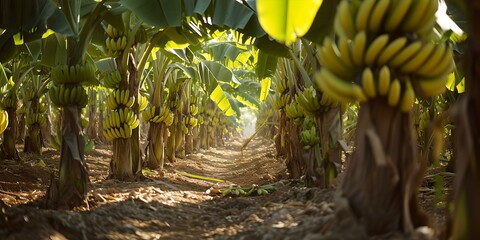 Lush banana plantation pathway under a sunny sky. tranquil tropical farm, vibrant green foliage, ripe bananas ready for harvest. AI