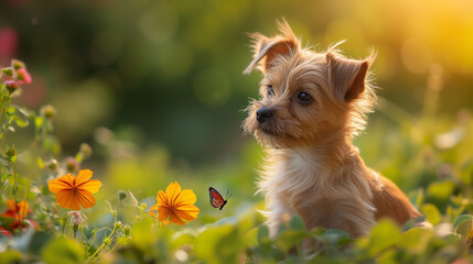 Pet play time. Cute puppy in the garden looking at flowers and insects around. Blurry background.