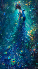 Elegant peacock in a sequined gown, wearing a crown of emeralds, amidst a lush garden backdrop, illuminated by soft moonlight, emanating grace and allure