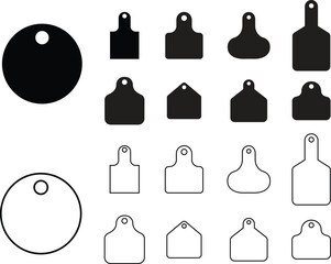 Set of Cow Tags icons. Ear tag signs beefs symbols. Ear tags for cattle. Black flat identification editable stock for farm animals on transparent background. Earmark mockup for livestock Vectors.