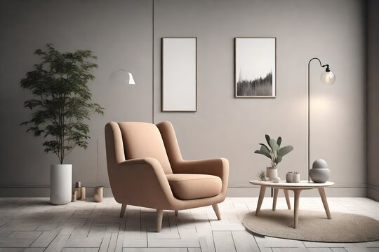 Mockup blank on beige wall with metal furniture. 3D render