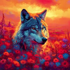 Magic Wolf With Flowers Multicolor