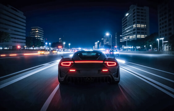 Sportscar races down night track, cityscape illuminated in distance. Tail lights streaking, reflecting off wet asphalt. High-speed pursuit under moonlit sky, urban skyline twinkling