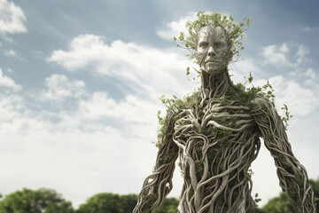 Fototapeta premium Humanoid eco robot with hair of leaves illustration with copy space