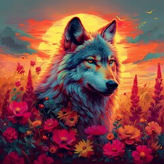 Magic Wolf With Flowers Multicolor