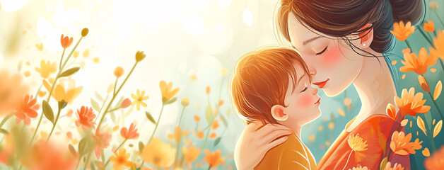 Obraz na płótnie Canvas An illustration showing a tender moment between a mother and her child, set against a backdrop of flowers; ideal for Mother's Day.