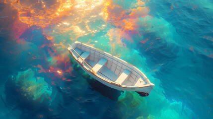 A white boat floating on a rainbow reflection of sea  and the sky is blue 