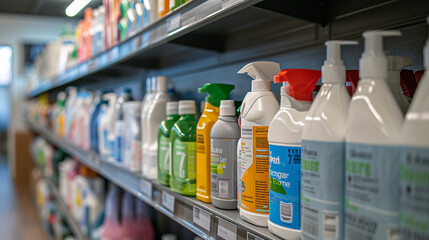Closeup of various cleaning chemical bottles on a department store shelf.