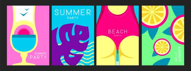 Set of retro summer posters with summer attributes. Cocktail silhouette, tropic leaf, girl in swimsuit and fruit slices. Vector illustration - obrazy, fototapety, plakaty