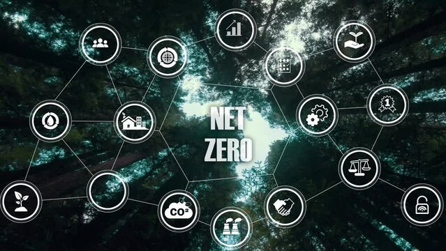 Net zero and carbon neutral concept.Net Zero text  with digital icons for net zero.Greenhouse gas emissions target. Climate neutral long term strategy 2050 on a green background. Carbon Neutrality