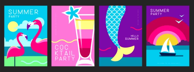 Schilderijen op glas Set of retro summer posters with summer attributes. Cocktail silhouette, flamingo, mermaid tail and ship in the sea. Vector illustration © annbozhko