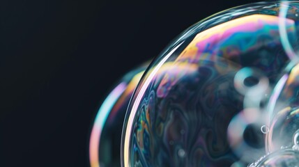 Closeup of a shiny soap bubble with reflection on black background