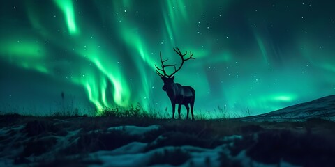 Majestic stag under the northern lights in a winter night landscape. dreamy nature scenery. ethereal outdoor moment. AI