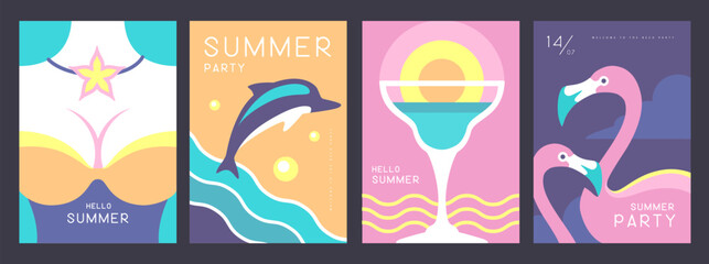 Set of retro summer posters with summer attributes. Cocktail silhouette, flamingo, girl in swimsuit and dolphin silhouette. Vector illustration - obrazy, fototapety, plakaty