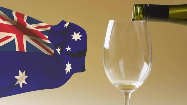 Composite of white wine being poured into glass over flag of australia background