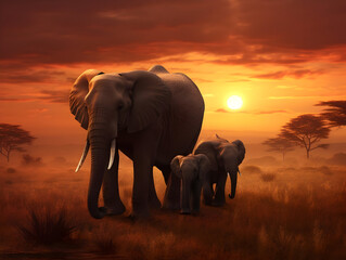 Obraz premium Elephants family walking in sunset