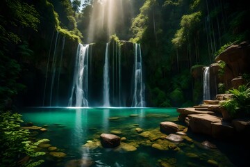 A majestic waterfall vista, with water cascading down rugged cliffs into a crystal-clear pool, surrounded by lush greenery and a sense of tranquility.