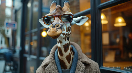 Graceful giraffe strolls through city streets in tailored splendor, epitomizing street style. The realistic urban setting captures the long-necked charm seamlessly merged with contemporary fashion all