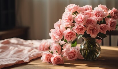 A vase full of pink roses sitting on top of a wooden table - obrazy, fototapety, plakaty