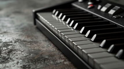 Detailed Close-Up of Black Electronic Keyboard Musical Instrument on Textured Surface