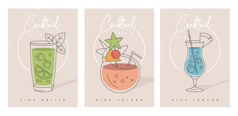 Set of modern cocktail party posters with cocktails in different types of glasses. Cocktail menu design. Vector illustration
