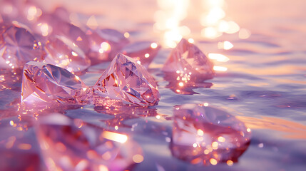 Sparkling pink diamond in water. The diamonds are pink and have a light shining on them.