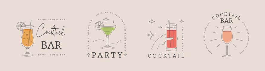 Set of modern line art logo, label or emblem design with different cocktails. Vector illustration