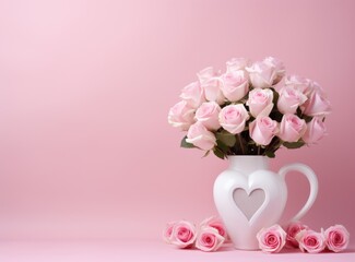 Pink roses in a white vase with heart on a pink background