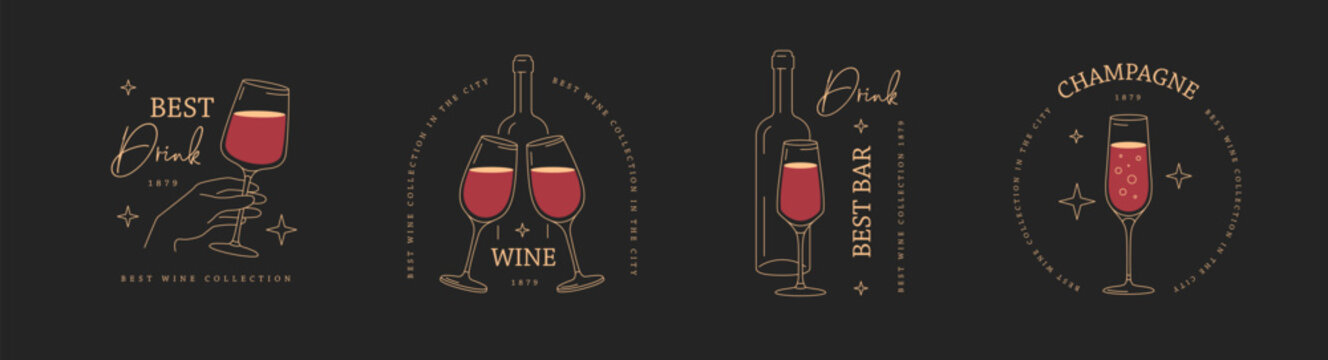 Set of modern line art logo, label or emblem design with wine glass and bottle. Vector illustration
