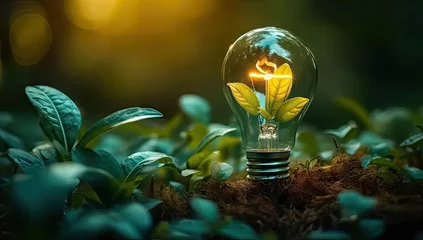 Foto op Canvas Green plant growing around glowing light bulb of eco friendly innovation and sustainable energy representing ideas of environmental protection conservation and creativity in technology © Wuttichai