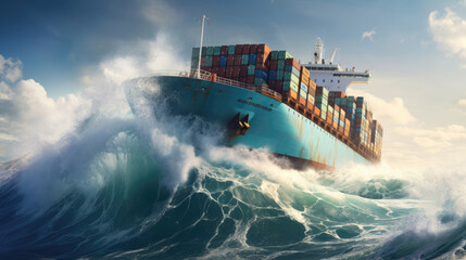 A cargo ship plowing through the waves,  carrying goods across continents